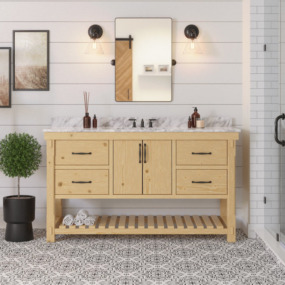 Birmingham Bathroom Vanity, Drift Wood, 60", Carrara Marble, Single Sink