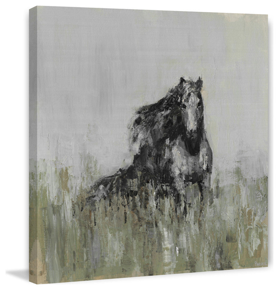 "Dark Horse at the Meadow" Painting Print on Wrapped Canvas, 48"x48"