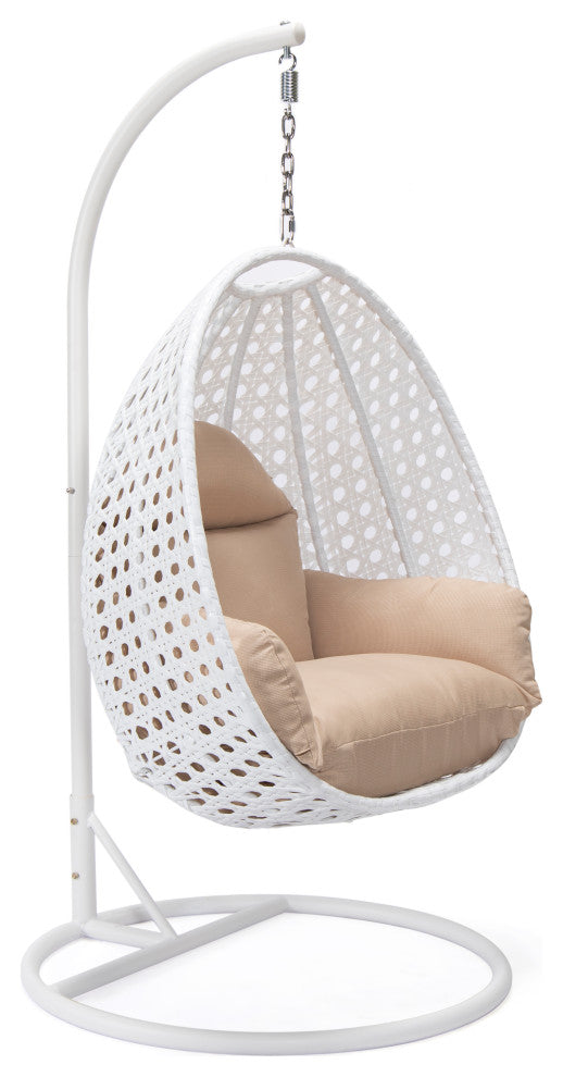 LeisureMod White Wicker Hanging Egg Chair With Stand and Cushion, Beige
