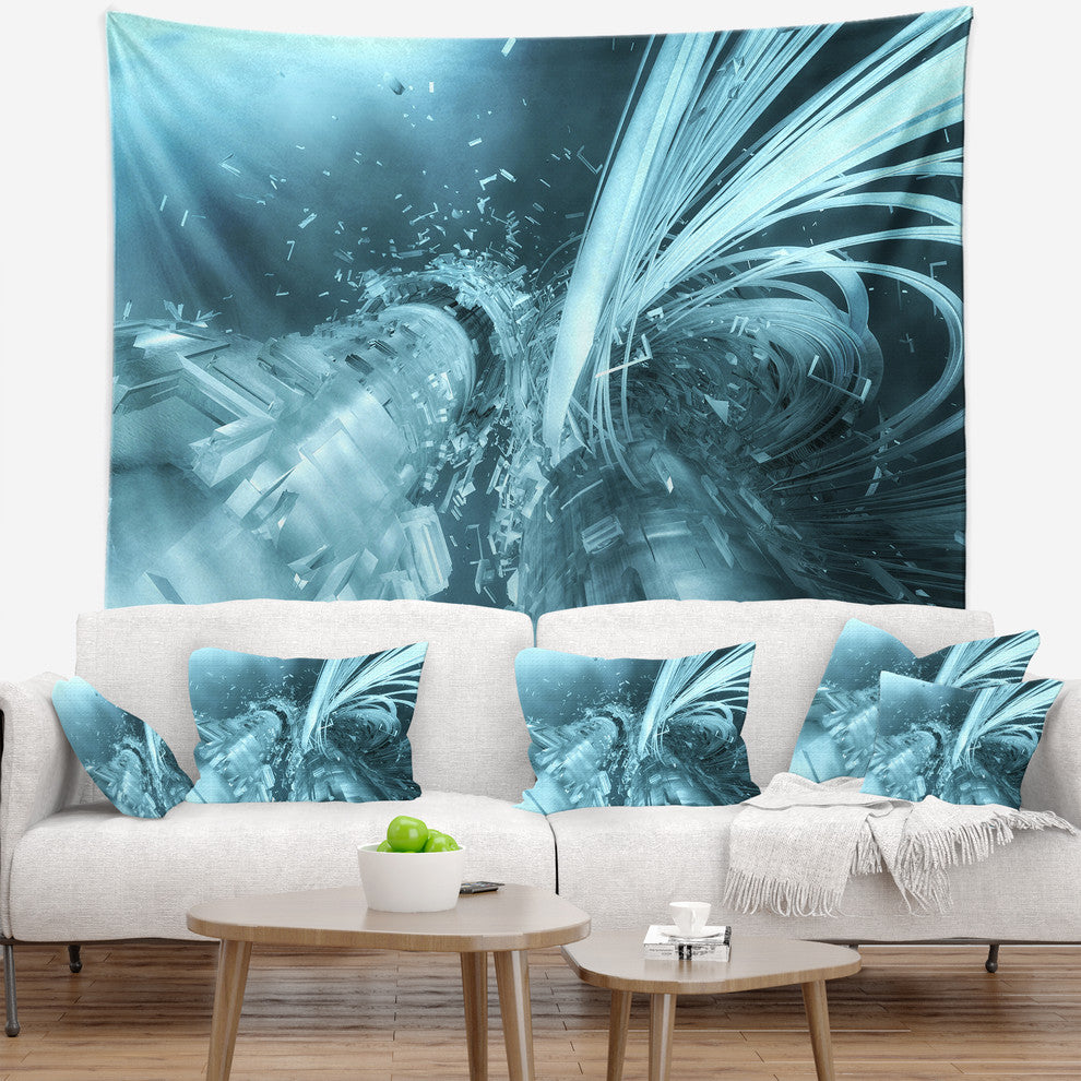 Fractal 3D Light Blue Collision Contemporary Wall Tapestry, 92"x78"