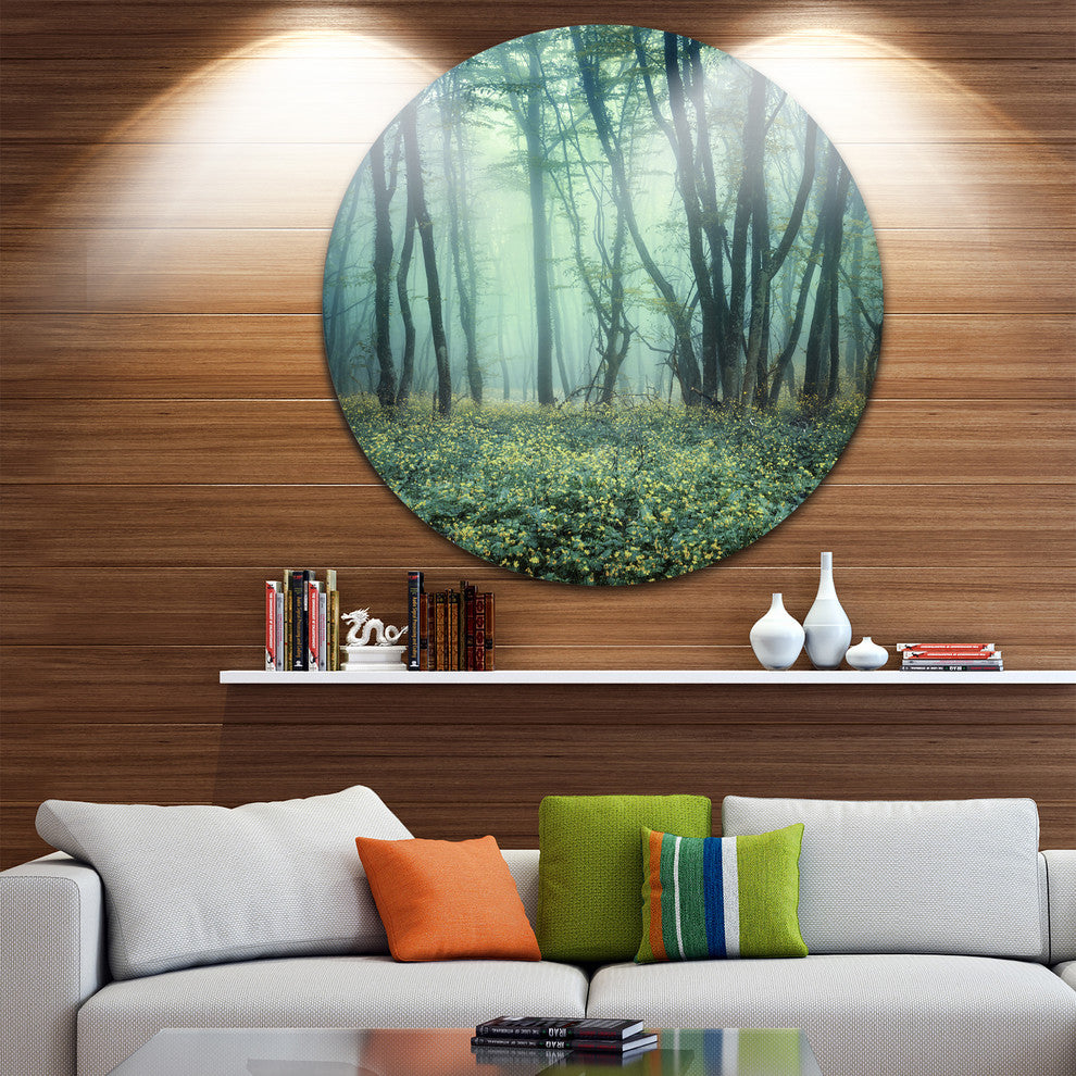 Trail Through Foggy Forest, Landscape Photo Round Wall Art, 11"