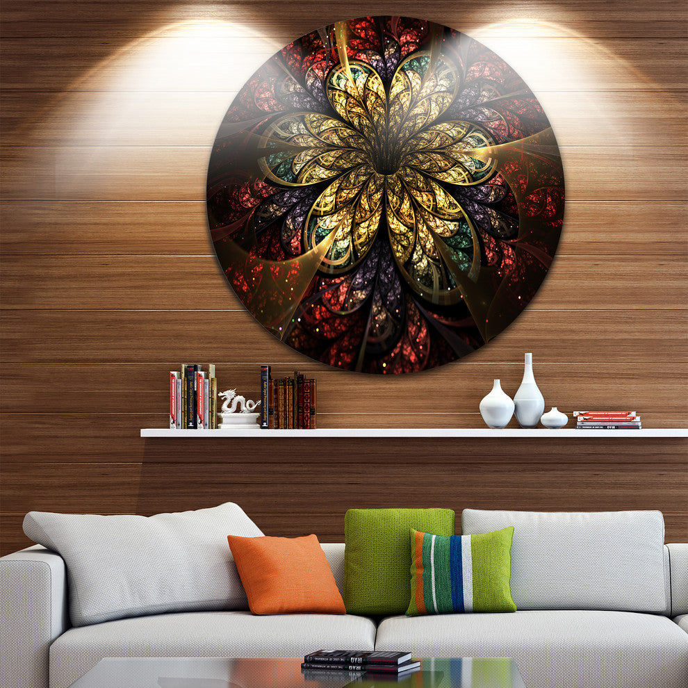 Fractal Flower Yellow Red Digital Art, Flower Disc Metal Artwork, 36"