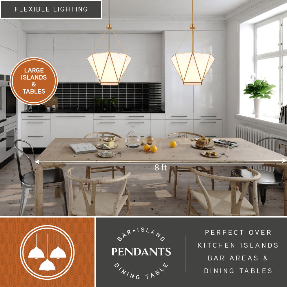 Burnett 3-Light Brass Mid-Century Modern Pendant, White Opal Tiffany Glass Shade