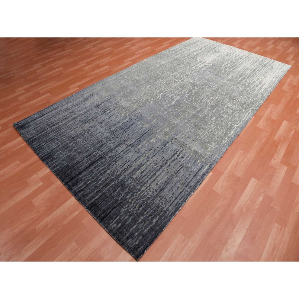 Blue, Pure Wool Hand Knotted, Modern Ombre Design Wide Runner Rug, 6'1"x12'1"