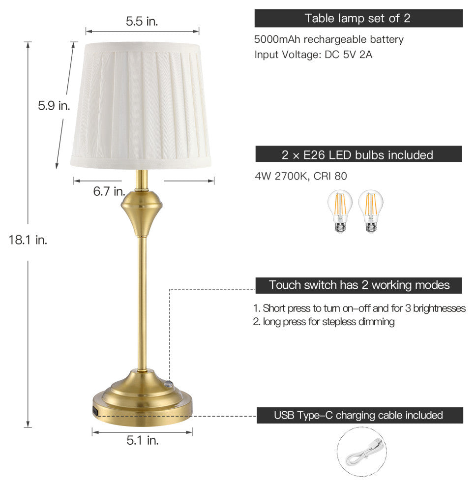 18" Brass Rechargeable Touch Table Lamp Set of 2