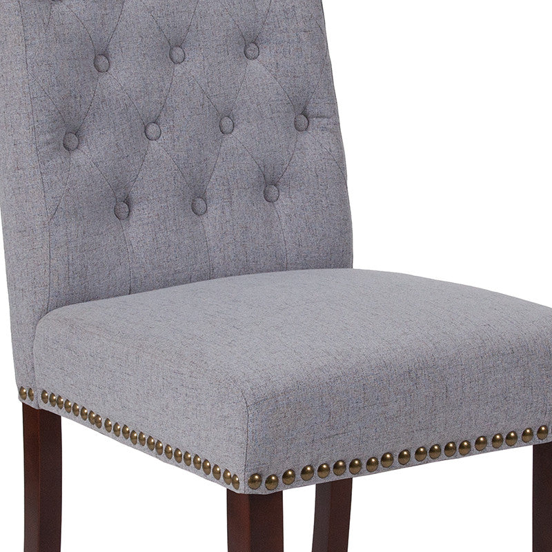 Light Gray Fabric Parsons Chair With Nail Head Trim and Walnut Finish