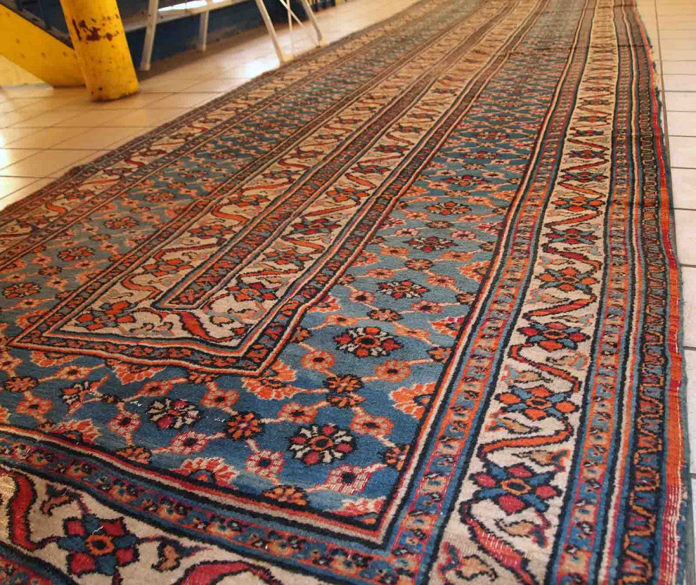 Handmade antique Persian Mashad runner 4.3' x 14' (132cm x 427cm) 1900s