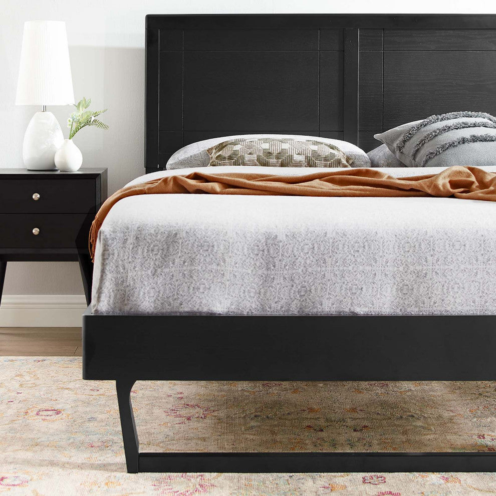 Platform Bed Frame, King Size, Wood, Black, Modern Mid-Century, Bedroom Master