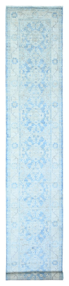 Blue Wool Peshawar With Faded Design Hand Knotted XL Runner Rug, 2'6"x16'2"