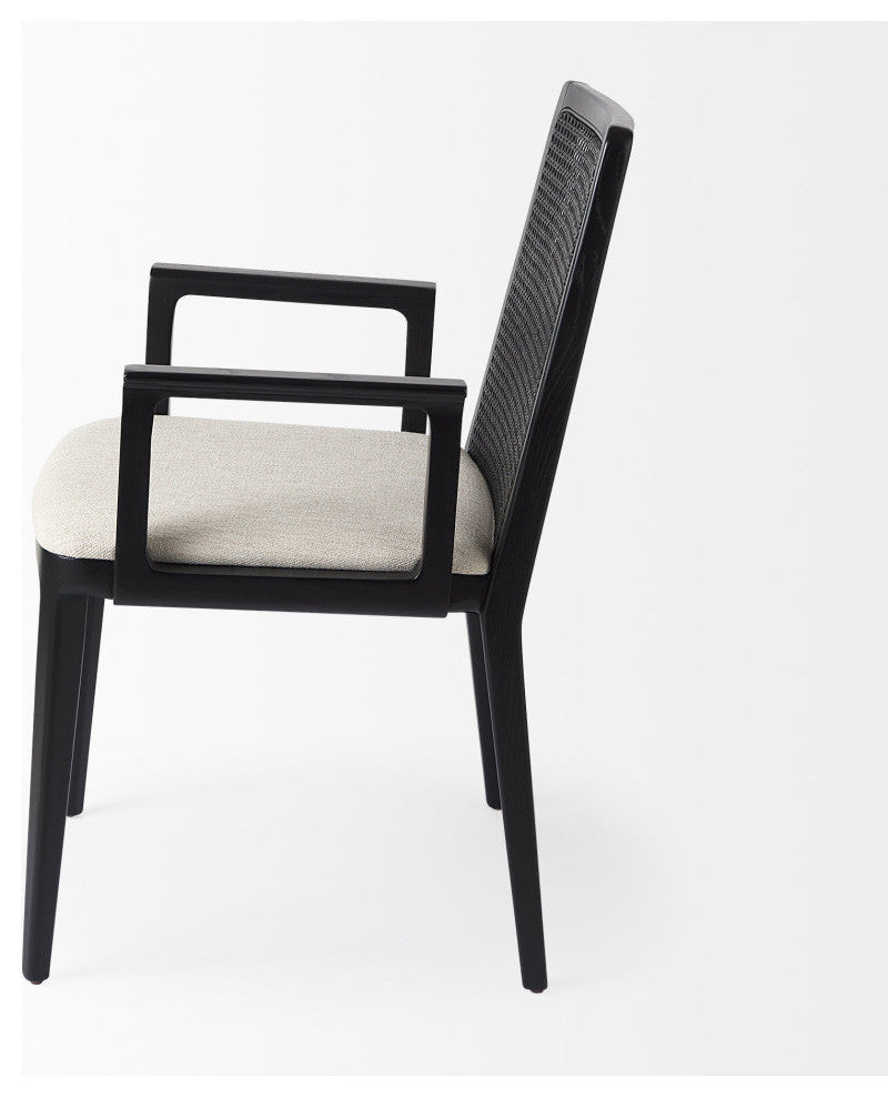 Clara Cream Fabric Seat And Cane Back With Black Solid Wood Frame Dining Chair