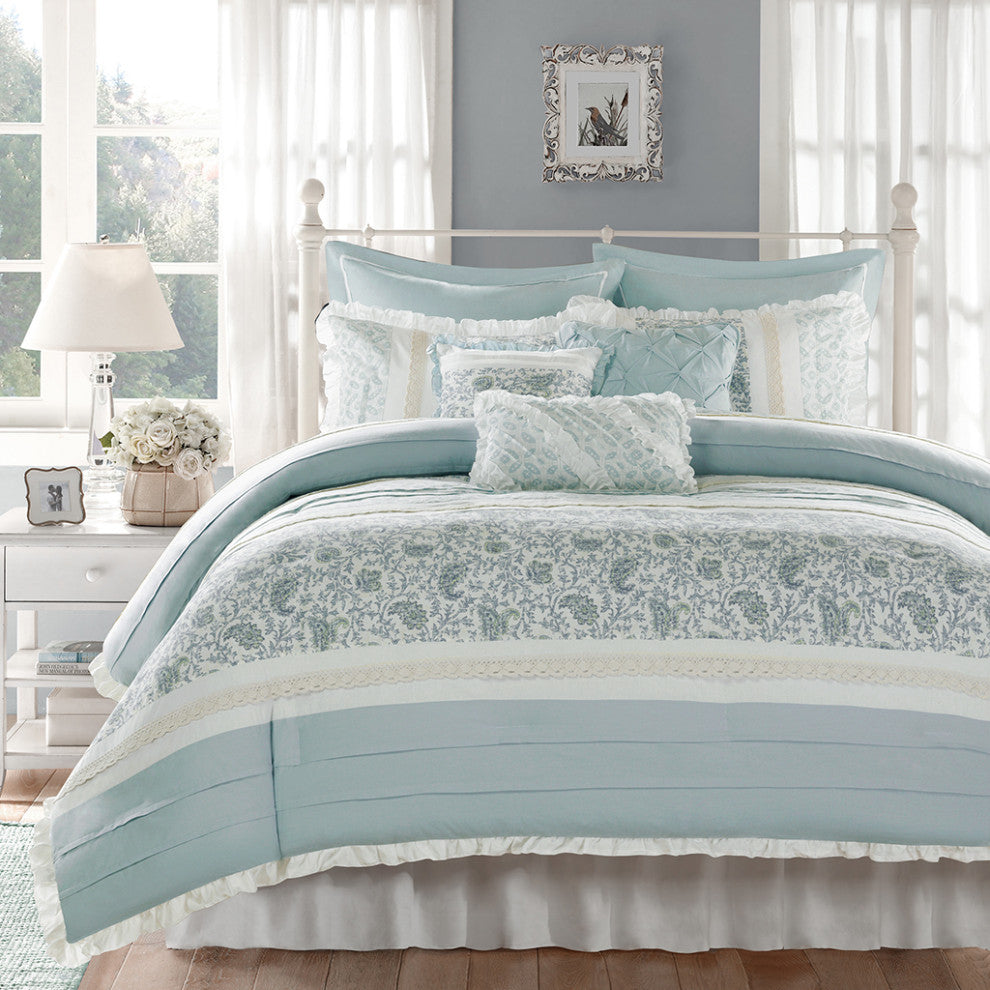 Madison Park Dawn 9 Piece Cotton Percale Comforter Set, Blue