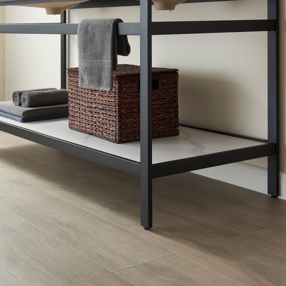 Funes Bath Vanity with Mirror, Matte Black Support, 60'' Single Sink, White Stone Top