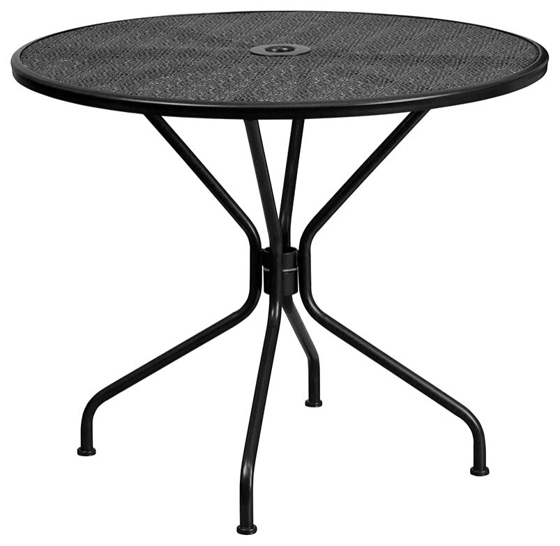 35.25'' Round Black Indoor-Outdoor Steel Patio Table Set, 2 Square Back Chairs