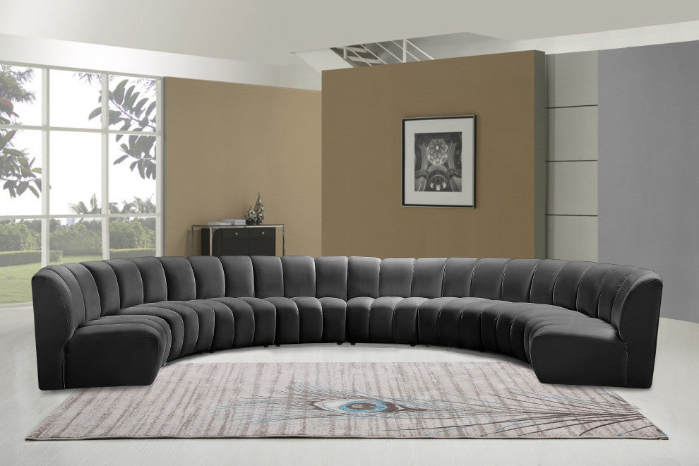 Infinity Channel Tufted Velvet Modular Chair, Gray, 8 Piece
