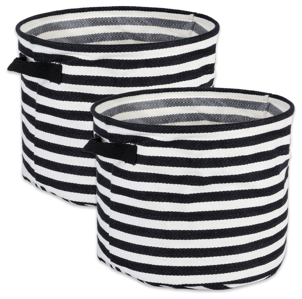 Pe Coated Herringbone Woven Cotton Laundry Bin Stripe Black Round Set/2