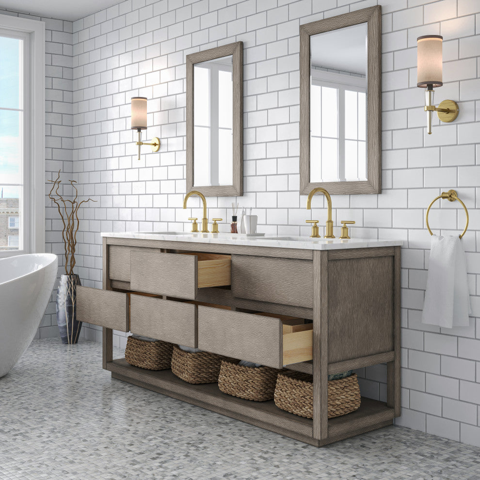 Oakman Marble Top Vanity in Grey Oak with Faucet, 72", Vanity With Satin Gold Faucet