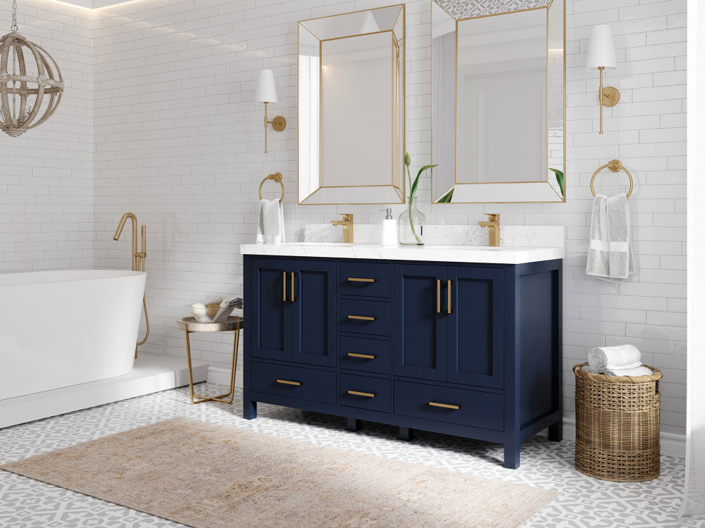 Malibu 60 Double Sink Bathroom Vanity in Navy Blue 2" Carrara Quartz