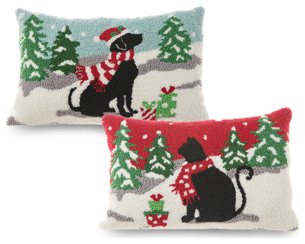 18"L Hooked Christmas Pillow Throw Xmas Pillows, Cat & Dog, 2-Piece Set