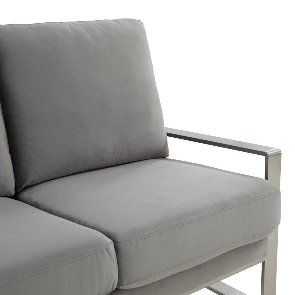 LeisureMod Jefferson Modern Design Velvet Sofa With Silver Frame, Light Gray