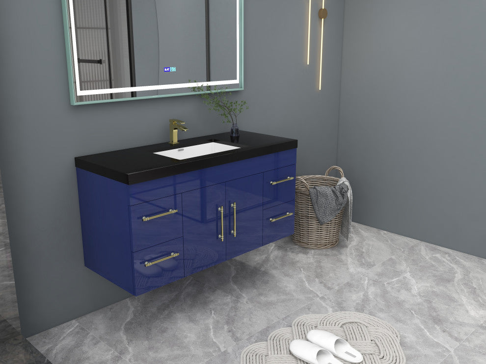 Rosa 48" Wall Mounted Modern Vanity, High Gloss Night Blue, Matt Black Top