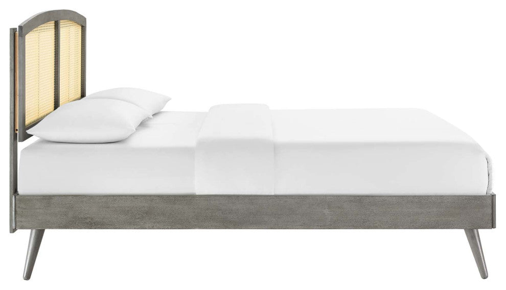Cane Bed, Woven Rattan Bed, Art Moderne Curve Platform Bed, Grey, Full