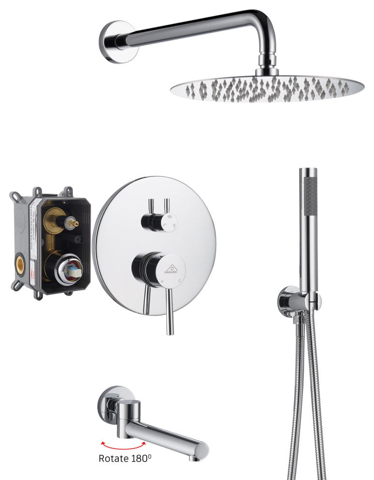 CASAINC 10" Round Wall Mounted Shower System Set Handheld Spray & Bathtub Spout, Chrome