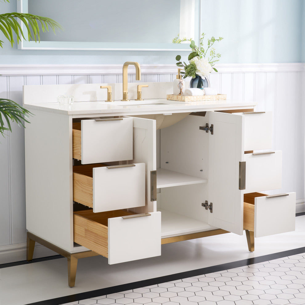 Alison Freestanding Bathroom Vanity with Italian Carrara White Marble Top, White, 48"