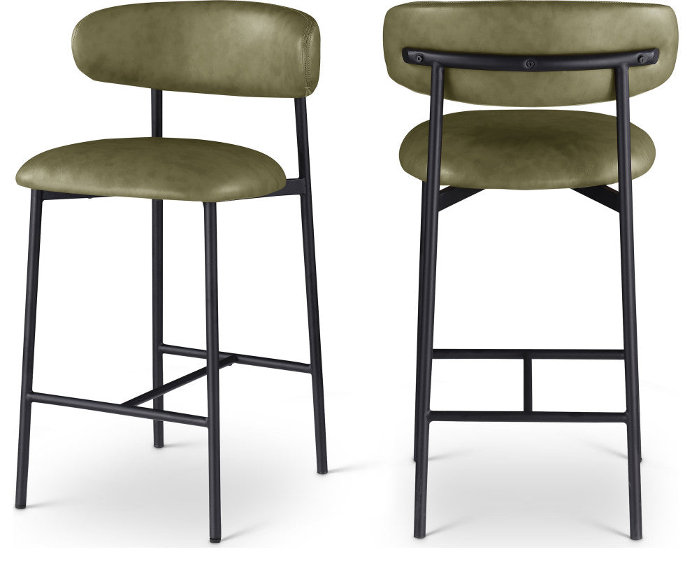 Lupita Upholstered Counter Stool, Olive, Vegan Leather, Matte Black, Set of 2