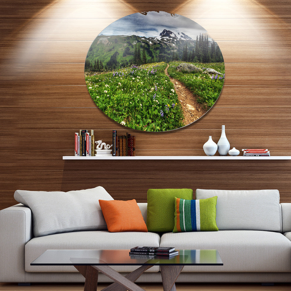 Path Through Flowering Fields, Landscape Art Disc Metal Wall Art, 36"