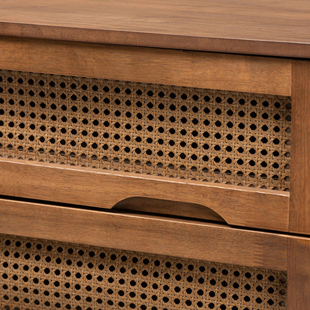Barrett Mid-Century Brown Finished Wood and Synthetic Rattan 4-Drawer Chest