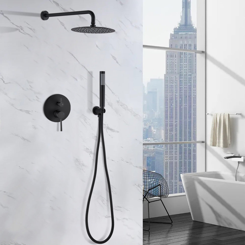 10 inch Wall-Mounted Round Completed Shower System with Handheld Shower, Matt Bl