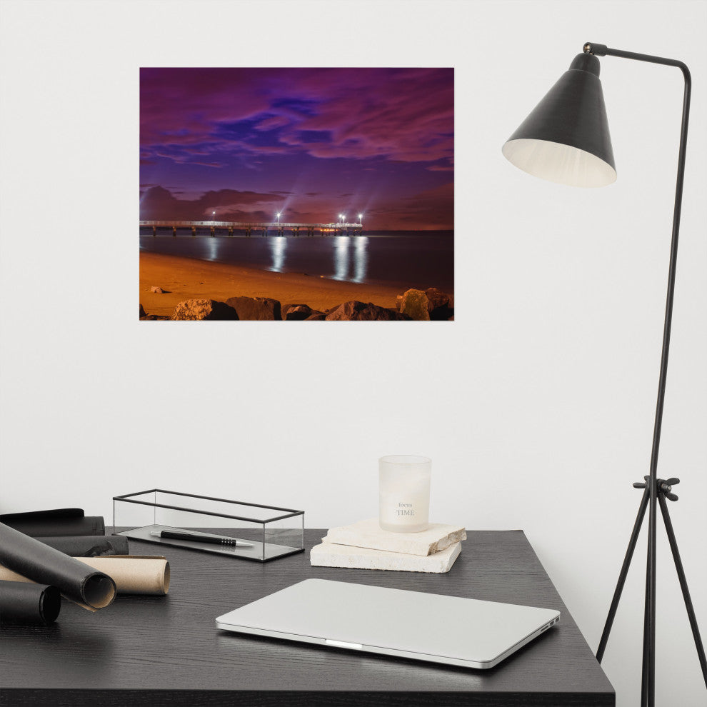 The Pier at Woodland Beach Night Coastal Photo Unframed Wall Art Print, 16" X 20"