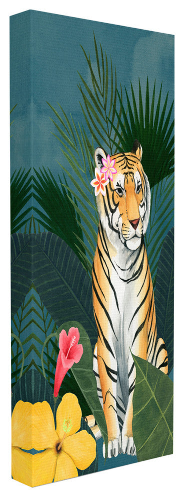 Tiger Flowers Orange Pink Animal Painting, 13"x30", Canvas Art