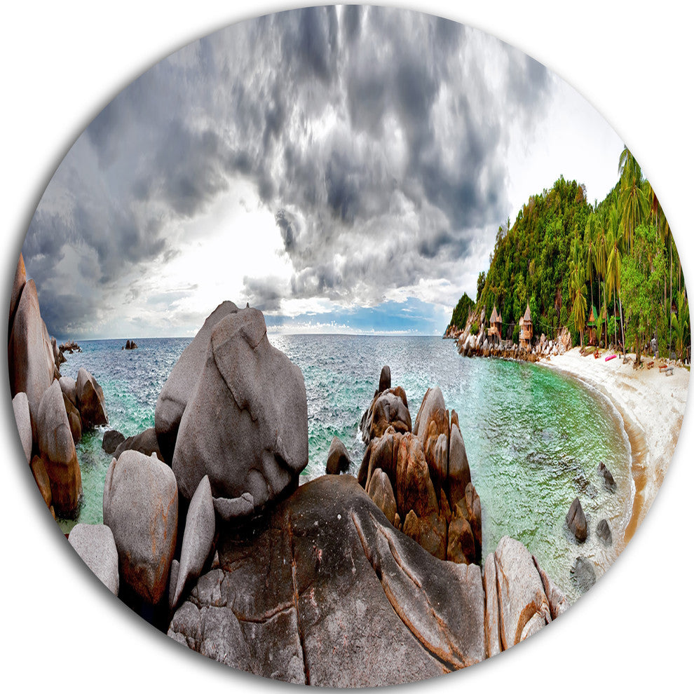 Exotic Tropical Beach Under Blue Sky, Seascape Round Metal Artwork, 23"