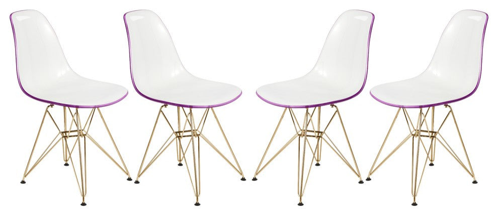 Cresco Eiffel Base Molded Dining Chair, Gold Base, Set of 4, White Purple