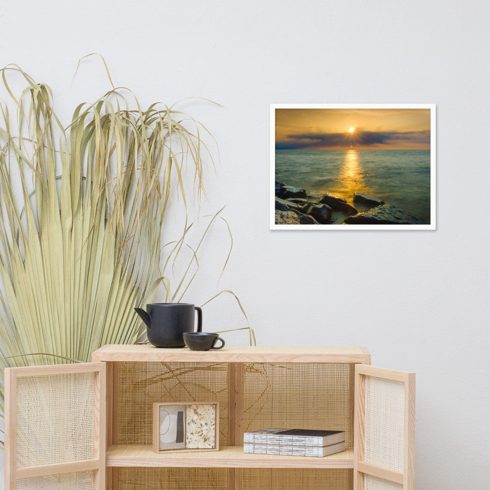 Sun Ray on the Water Coastal Landscape Framed Photo Paper Wall Art Print, White, 18" X 24"