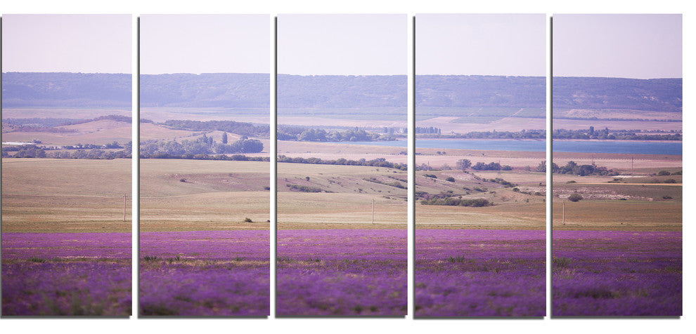 Calm Sunset over Lavender Field, Floral Canvas Art Print, 60"x28", 5 Panels