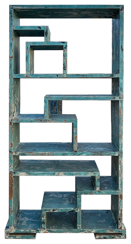 84" Distressed Blue Uneven Shelves Slim Display Cabinet Room Divider Hws4325