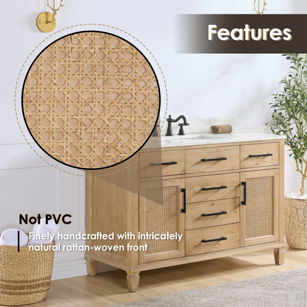 Solana Bathroom Vanity with Calacatta White Quartz Stone Countertop, Weathered Fir, 48", Without Mirror