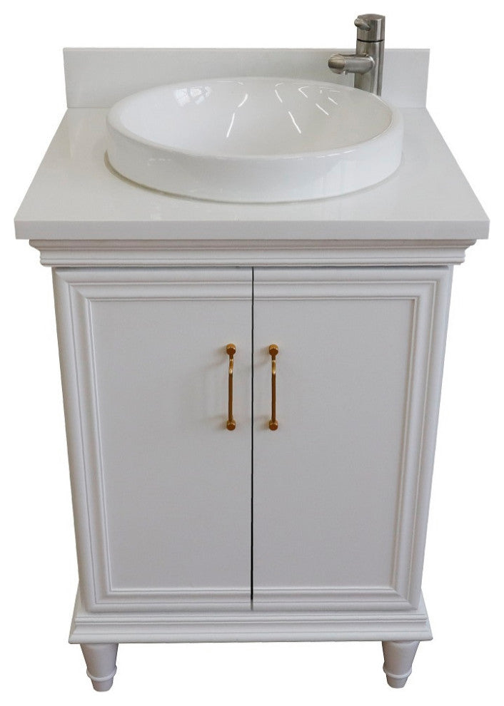 25" Single Vanity, White Finish With White Engineered Stone Top And Round Sink