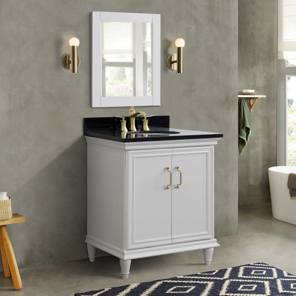 31" Single Vanity, White Finish With Black Galaxy And Oval Sink