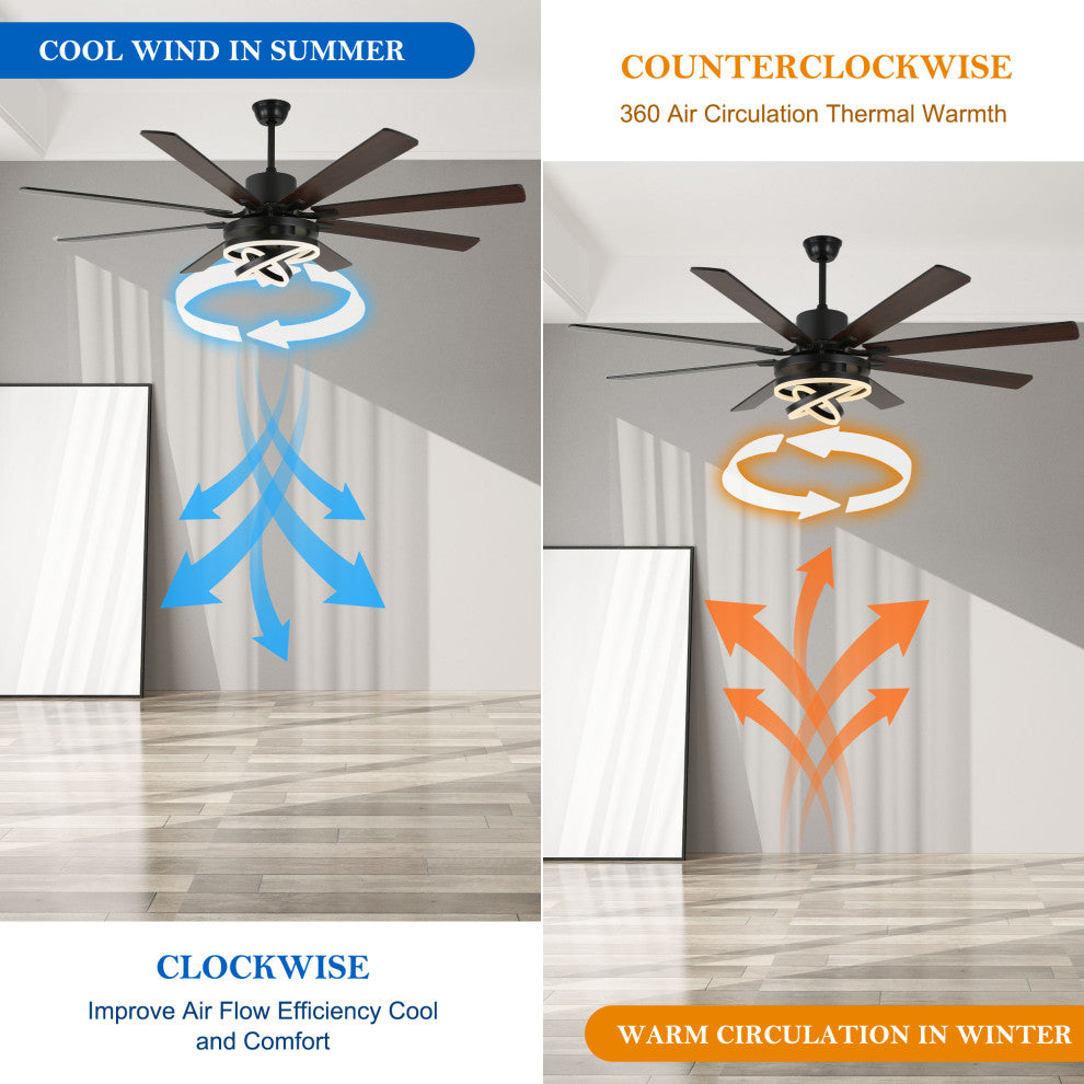 72" Modern 8 Wood Blades Large Ceiling Fan w LED Light, Black