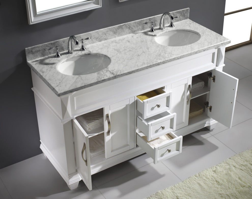 Virtu Victoria 60" Double Bathroom Vanity, White With Faucet and Mirrors