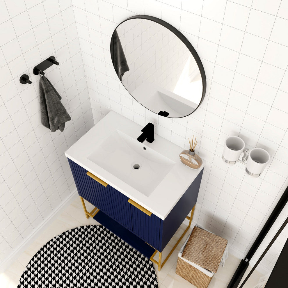 BNK Freestanding Raised Grain Bathroom Vanity With Resin Basin, Navy Blue, 30"