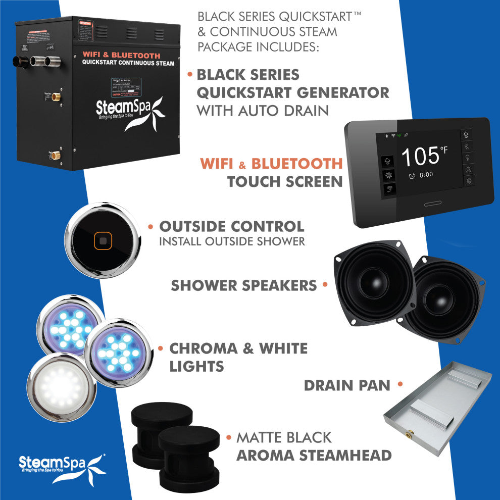 Black Series Wifi/Bluetooth 10.5kW QuickStart Steam Bath Set, Matte Black