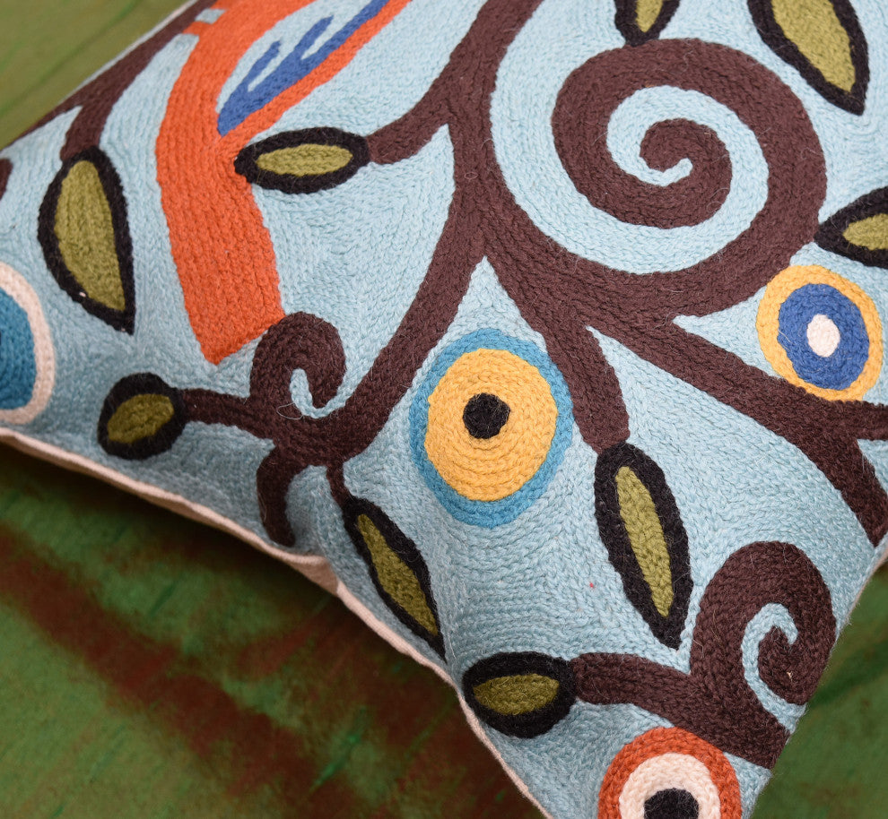 Lumbar Blue Tree Of Life Pillow Cover Birds Accent Pillows Handmade Wool 14x20"