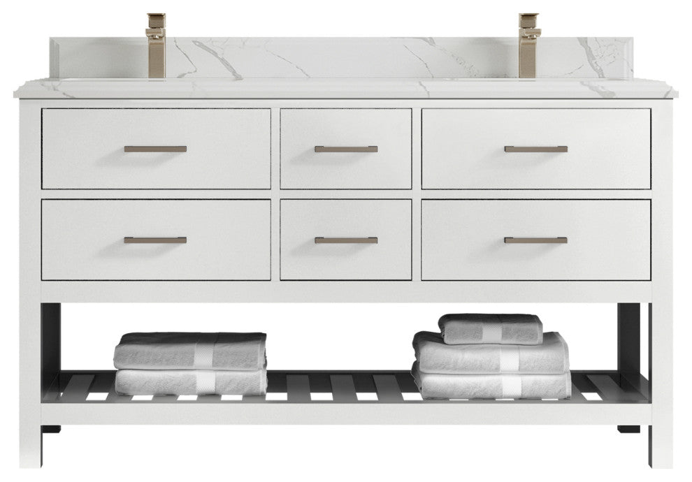 Parker 60 Double Sink Bathroom Vanity in White 1.5" Calacatta Laza