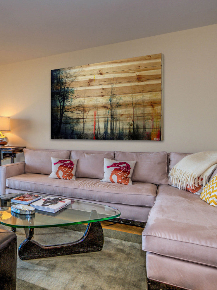 "Tall Tree Silhouette" Painting Print on Natural Pine Wood, 60"x40"