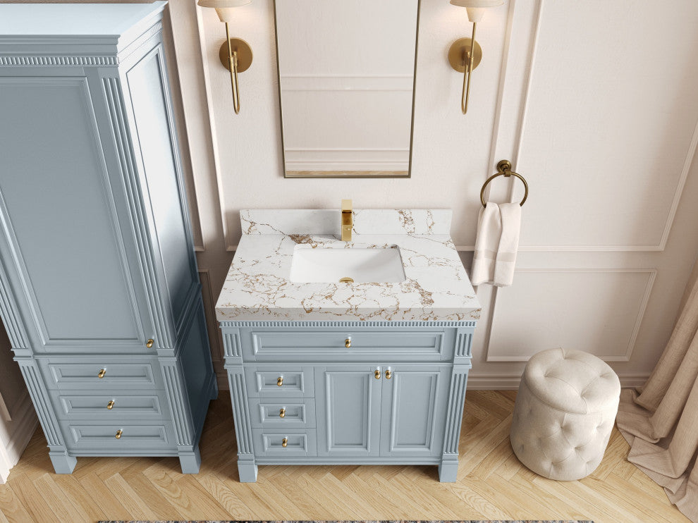 Paris 36" Center Sink Bathroom Vanity, Blue Heather 2" Viola Gold