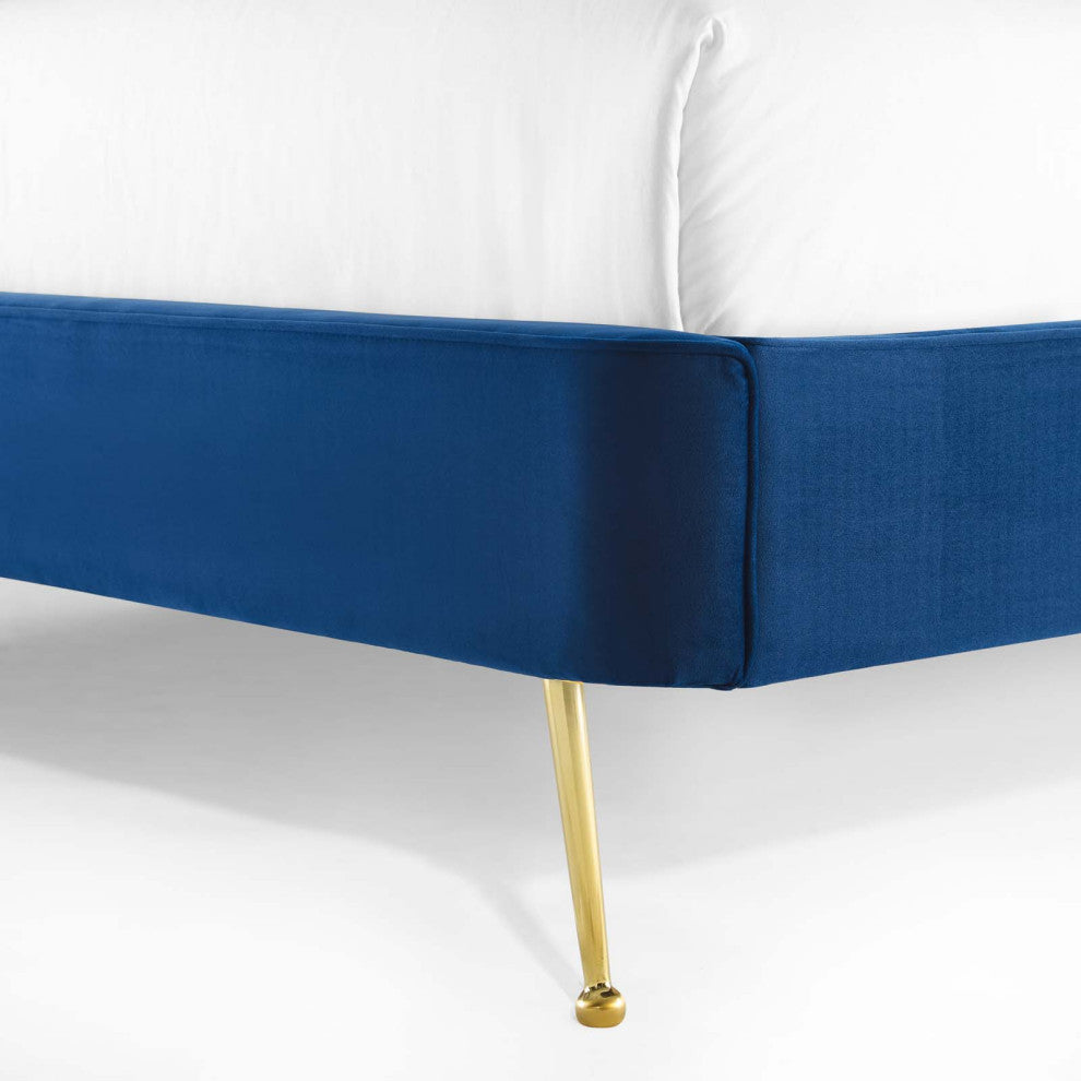 Platform Bed Frame, Queen Size, Velvet, Blue Navy, Modern Contemporary, Bedroom